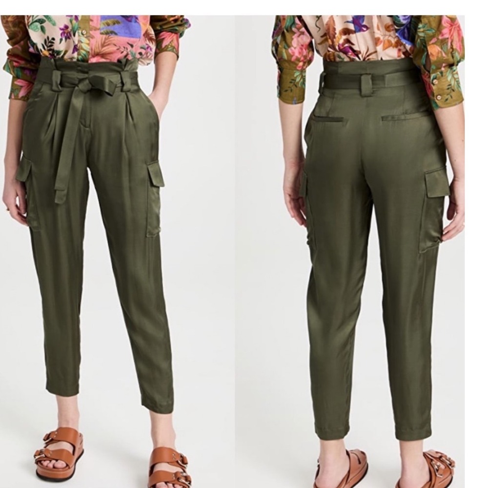 L'AGENCE Roxy Paperbag Waist Tie Cargo Pants in Army Green Size 6